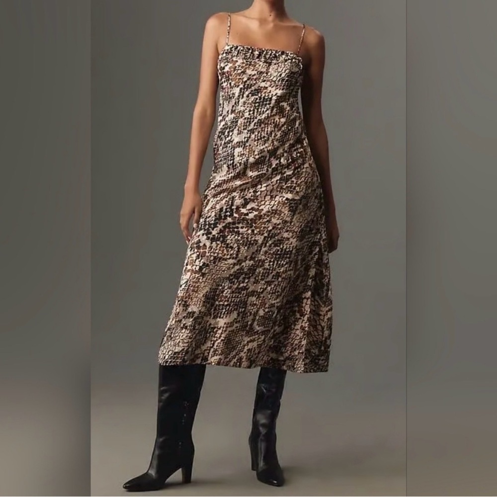 Snake-Print Spaghetti Strap Midi Dress in Brown